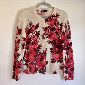 NWOT Talbots 100% Cashmere Floral Cardigan Sweater Sz Small P Pink Red Cream